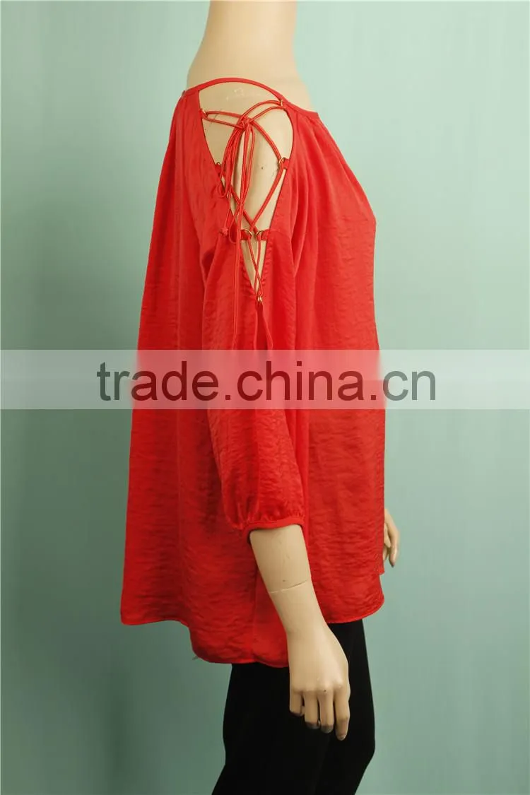 2016 S/S red color long sleeve silk fabric women western tunic design