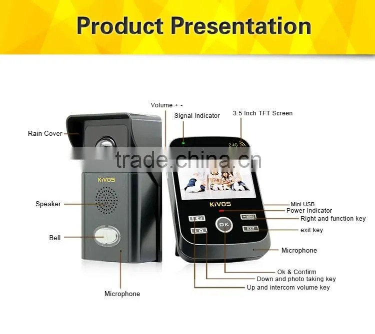 KiVOS newest 3.5 inch support up to 2 cameras and 3 monitors. KDB303 wireless video door phone