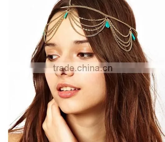 Hot Sale BOHO Gold Tassel Calaite Pendant Crown Wedding Head Chain Jewelry