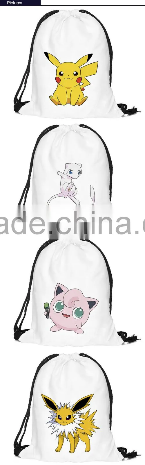 New arrive popular pokemon backpack cotton drawstring bag