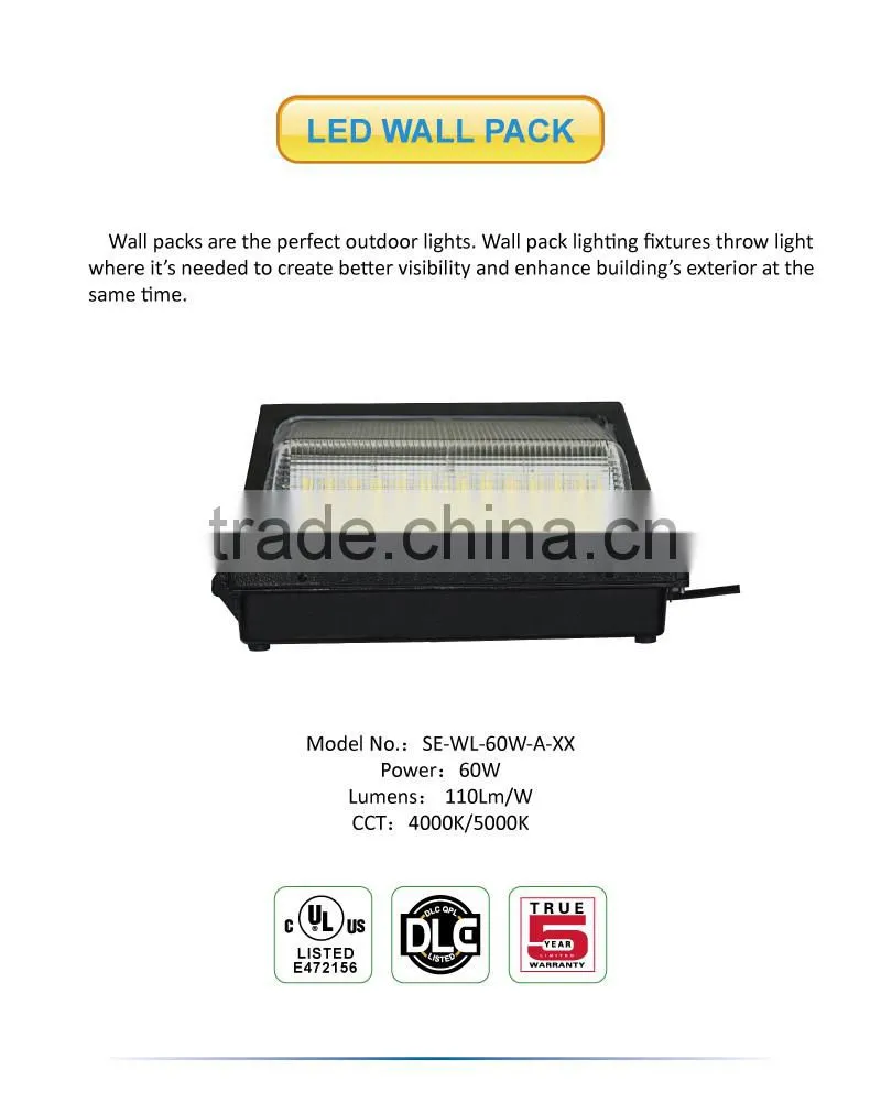 High Lumen UL DLC 60W LED Wall Pack Light