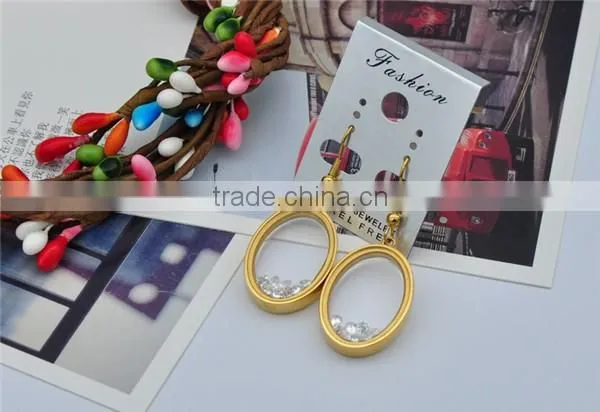 gold plating oval earrings stainless steel glass zirconia float dangle earrings
