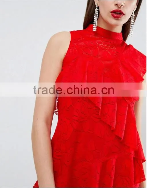China women clothing Manufacturer Red Sexy Lace Ruffle Mini dress