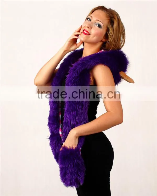 Faux fur adult beanies plush animal head hat scarf glove