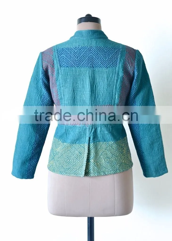 Vintage Kantha Jacket in Viridian green with Embroidery ~ Extra Large