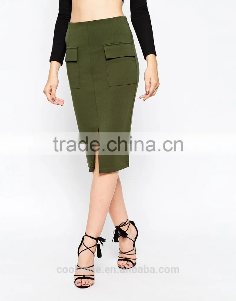High waist long skirt with pocket front split pencil skirt
