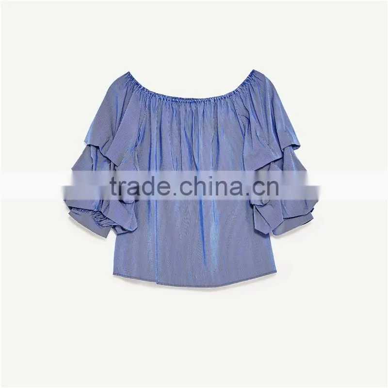 2017 OEM Spring Cute Pleated Vertical Stripes Off Shoulder Blouse