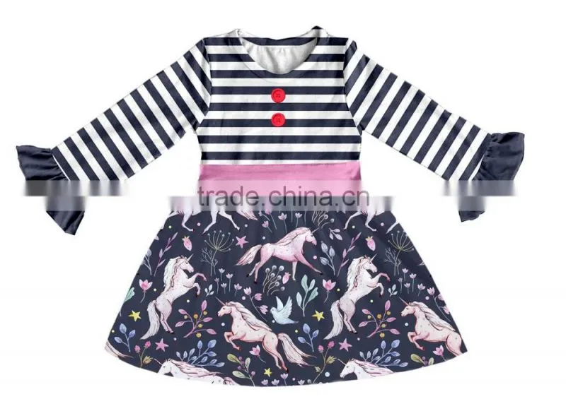 Ruffle lace Fall boutique outifit princess print unicorn pattern Cattoon print Swing dress Girls casual dress