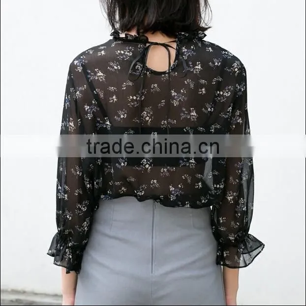 2017 Fashion Womens Puff Sleeve Chiffon Printed Blouse Designs Ladies Fashion Elegant Shirts Blouse