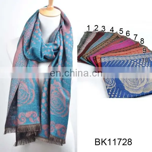 2016 Wholesale Winter Jacquard Pashmina Blue Scarf With Tufts Acrylic Shawl