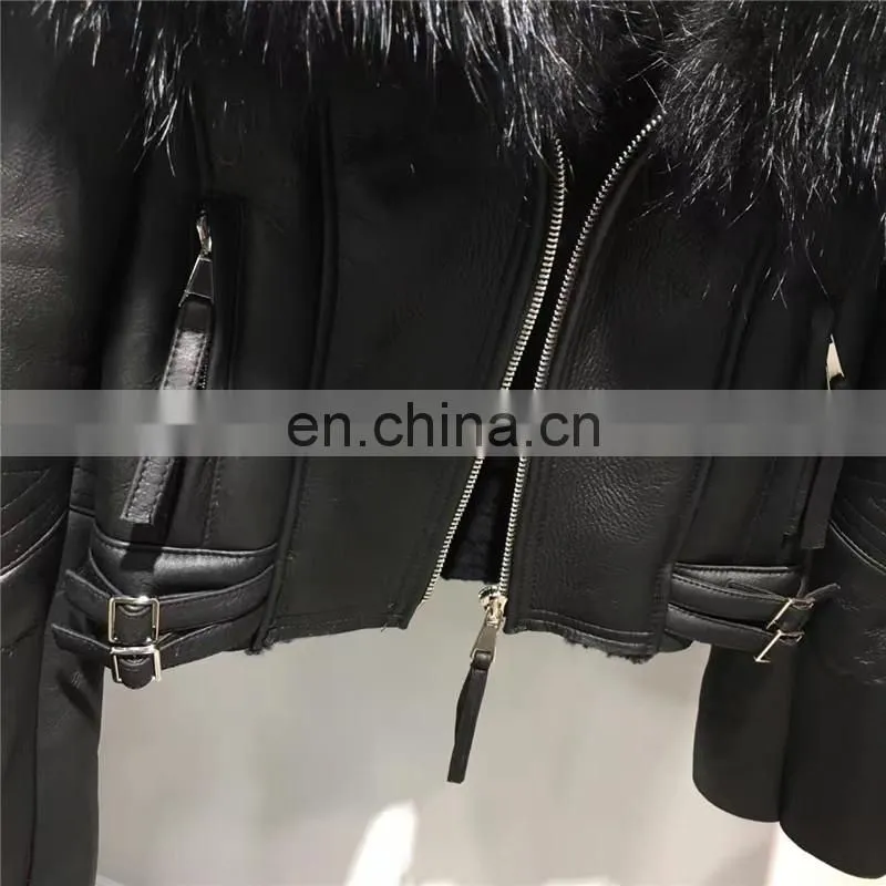 2016 Fashion European Leather Jacket Trench Raccoon Fur Coat For Ladies
