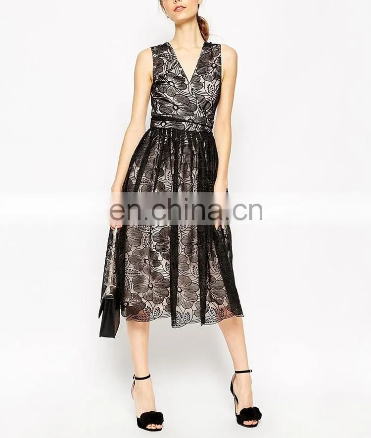 2016 Latest Style Organza Cut-out Back V-neckline Fashion Floral Lace Midi Prom Dress