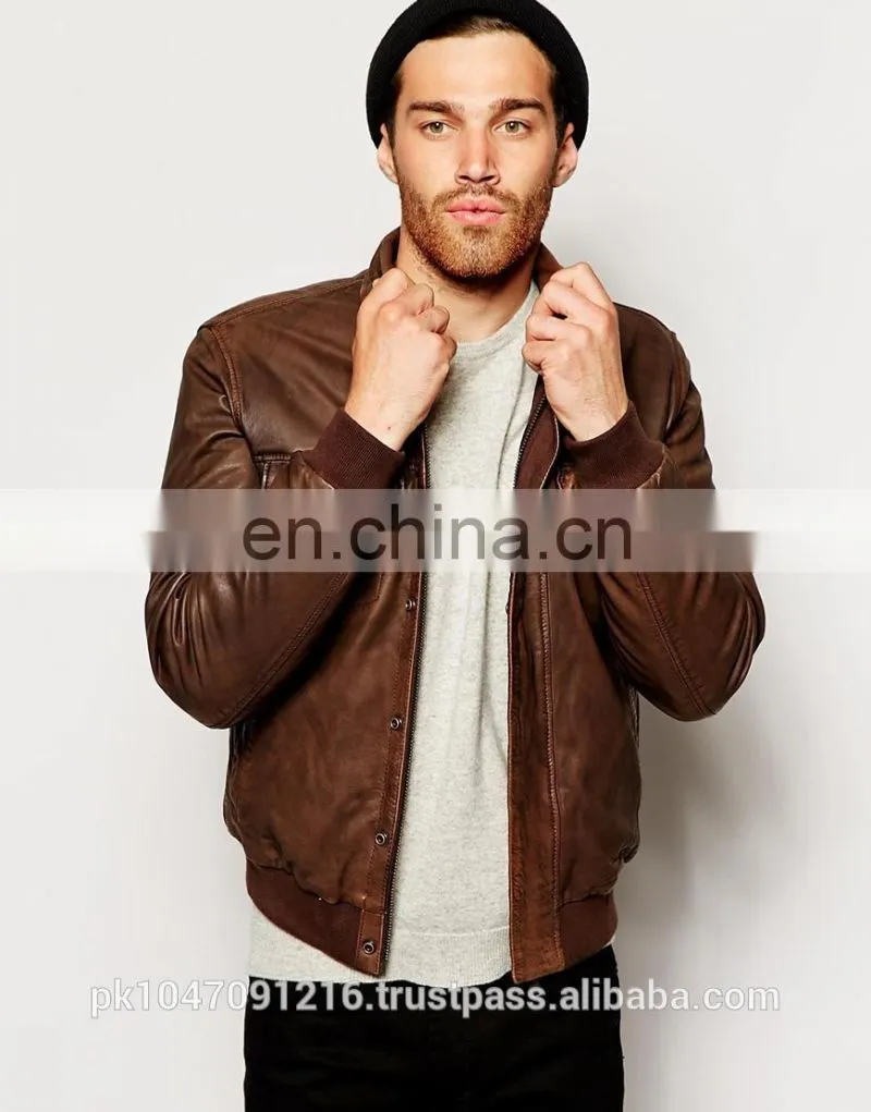 New 2014 Men Leather Jacket / Genuine Leather Jacket / Sheepskin Leather Bomber Jacket Dark Brown