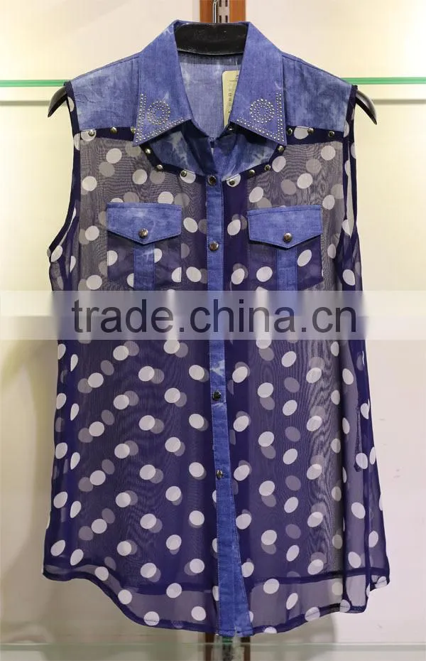 Sleeveless chiffon tops with white polka dots for women