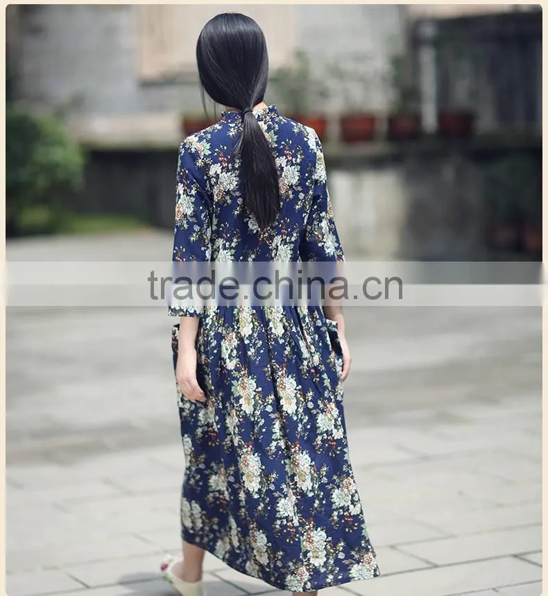 flapper Rural floral print mum plus size long sleeve cotton maxi dress