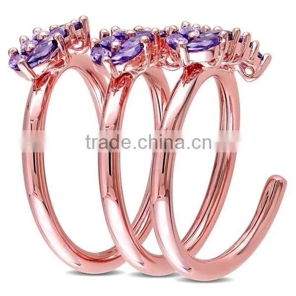 Rose Plated Silver Cubic Zirconia 3 Flower Long Finger Adjustable Ring