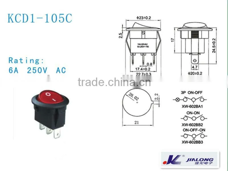 round rocker switch 2pins 3pins rocker switch red round button on off on on 2P 6A 250V AC