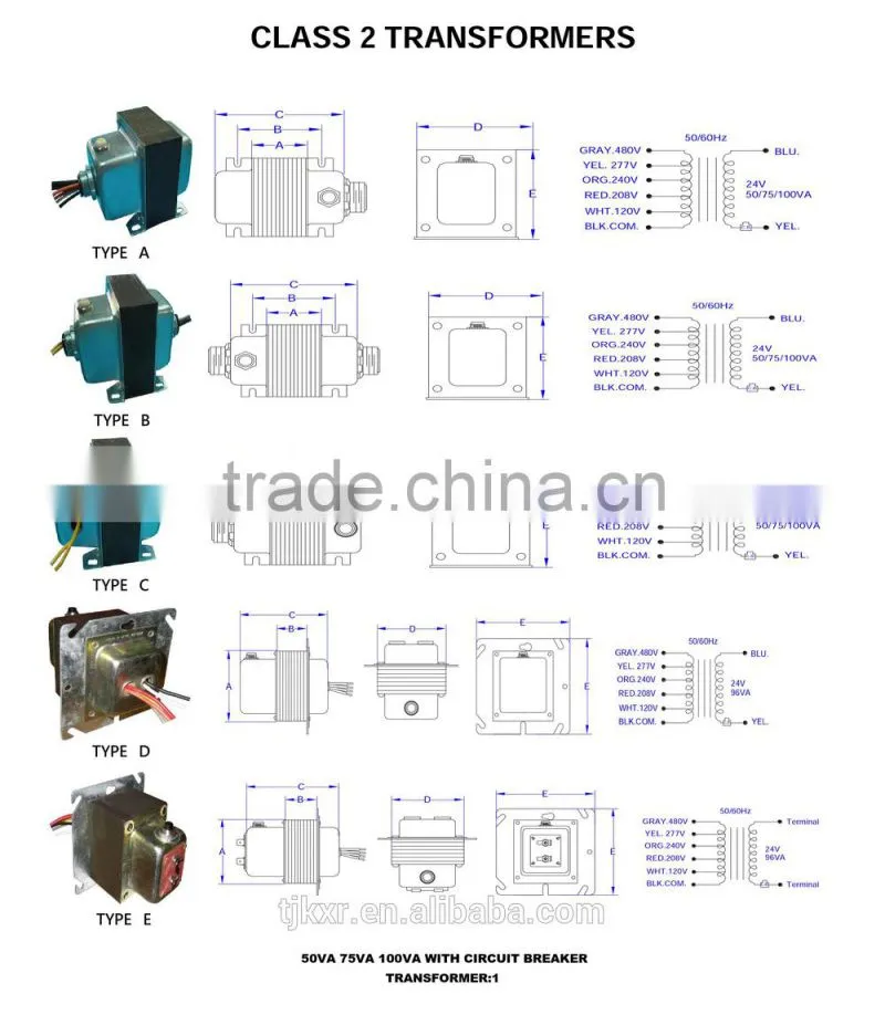UL/CUL approved class 2 transformer, type 2 transformer, UL listed transformer with power range from 5VA to 100VA