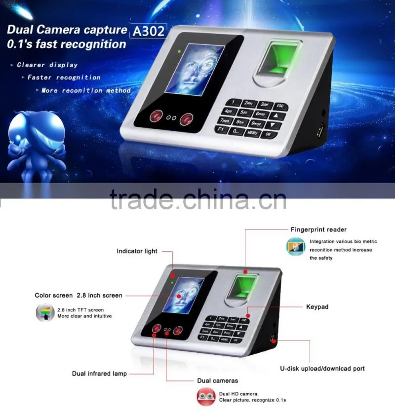 High quality Fingerprint and Face Recognition time attendance A302