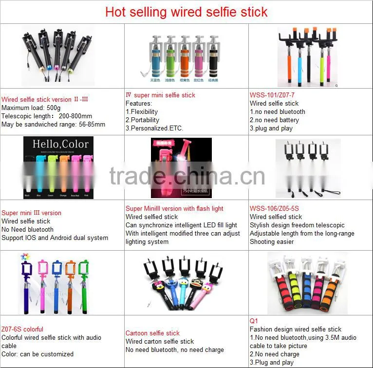 Best selling colorful wireless monopod selfie stick with extendable bluetooth