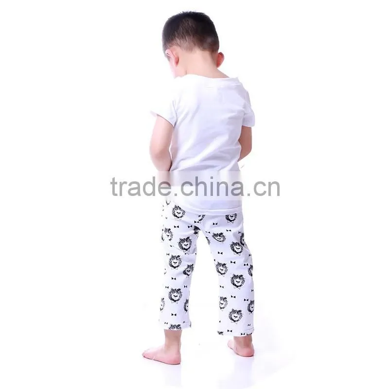 2016 boutique oem animal design white plain tee shirt pant together fancy kids clothing outfits boy
