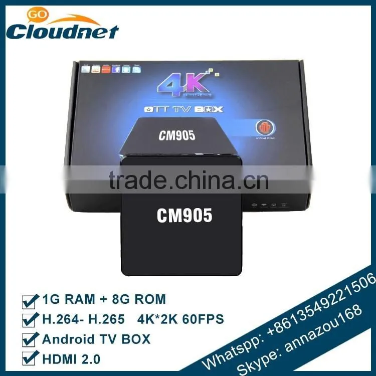 Hot Cloudnetgo CM905 4K S905 smart tv box quad core Android 5.1 Smart TV Lollipop live xbmc / Kodi streaming tv box OEM accepted
