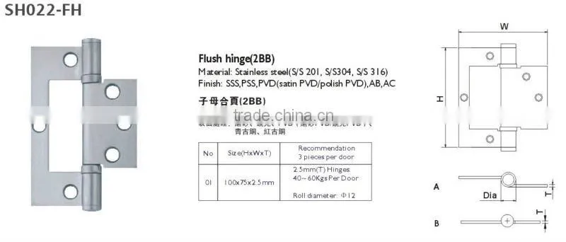 SH022-FH 2BB Stainless steel Flush door hinge