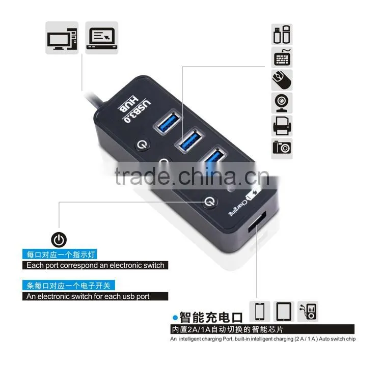 Factory Supply 4 port usb 3.0 hub with individual switches and LEDS, 4 port USB 3.0 HUB +1 quick charging charging port