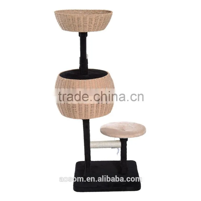 Pawhut 50" Cat Tree Tower with Woven Condo - Black/Beige
