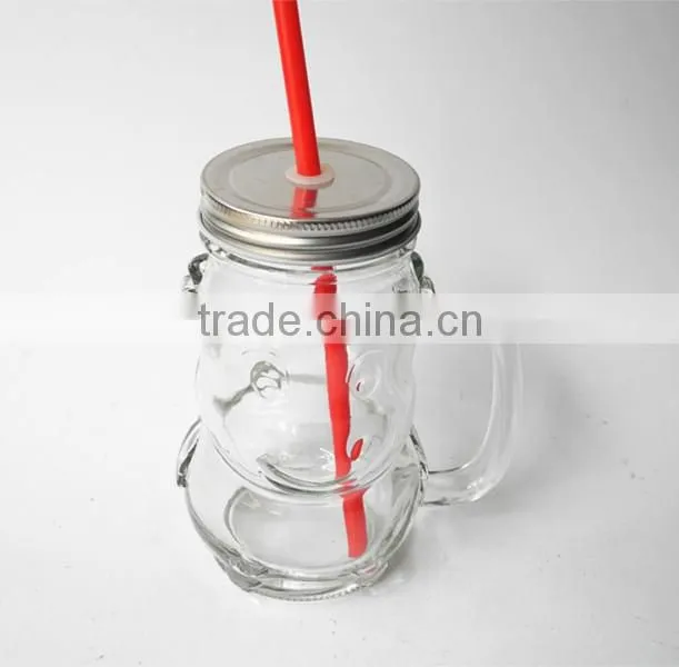 16 oz monkey shape embossed glass beverage jar with lid and straw