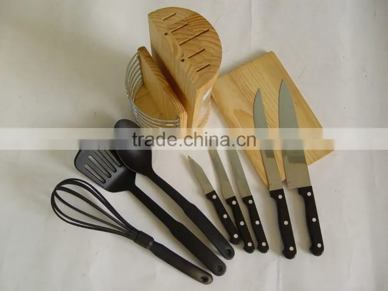 13pcs wooden knife block with 5knives ,6pcs Nylon utensils and one chopping board