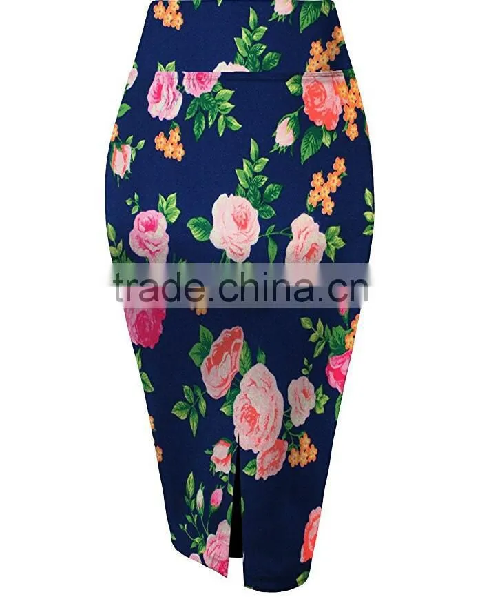 Office Wear Long Skirt Flattering Fit Pencil Tight Knee Length Stretchy Beautiful Prints Sexy Skirt For Middle-Aged Women