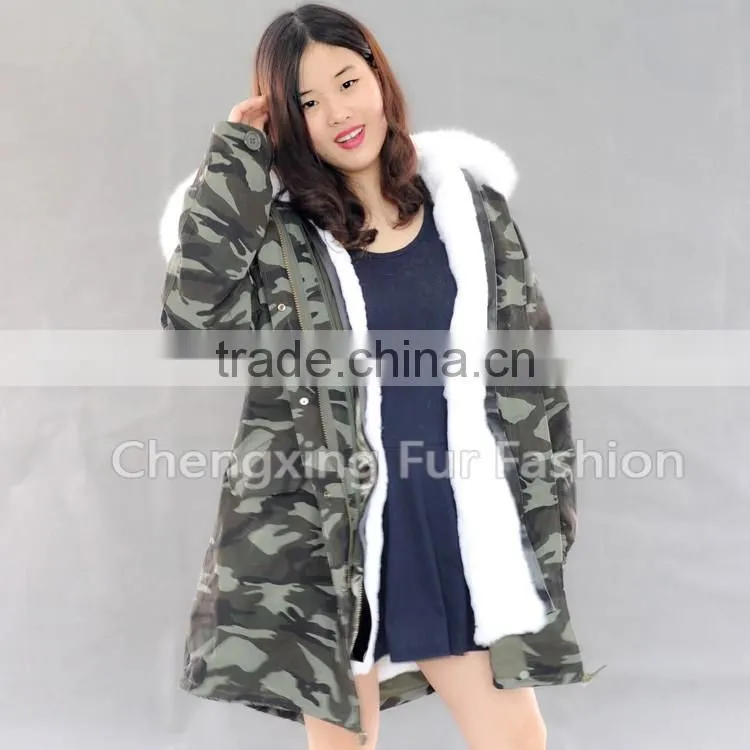 CX-G-P-08D 2016 Hot Sale Wholesale Winter Coat Real Rabbit Fur Lining Fox Fur Collar Parka For Women