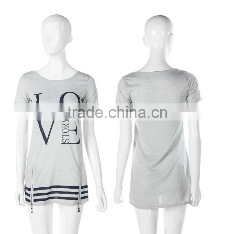 1PCS M-XL Women Love Letter Print O Neck Short Sleeve Zipper Long above Knee Straight Dress Summer Casual Dress Tops Blouse