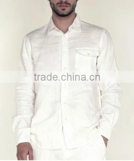 100%linen long sleeve khaki color shirts for men with spread collar and one pocket