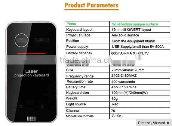 Ultra-Portable Virtual Projection Laser Keyboard Wireless Bluetooth 2.0 USB for HID Super Full Key for XP/vista/7/ 8/IOS/Iphone