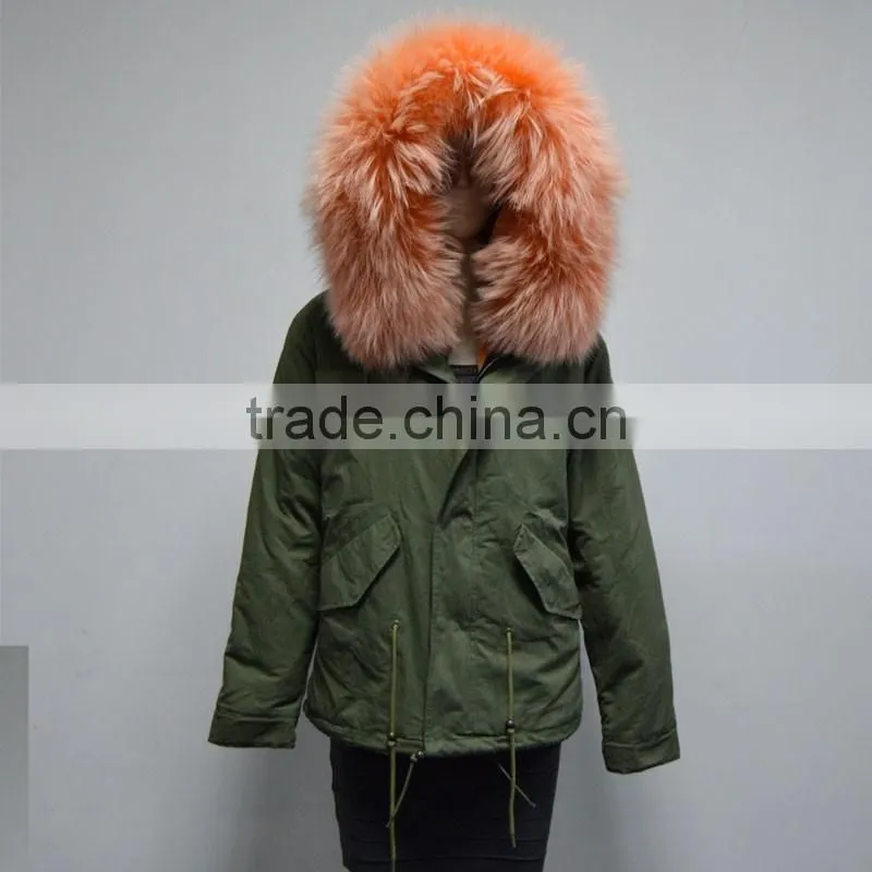 New style orange stripe faux fur lined with raccoon fur collar fur coat for woman