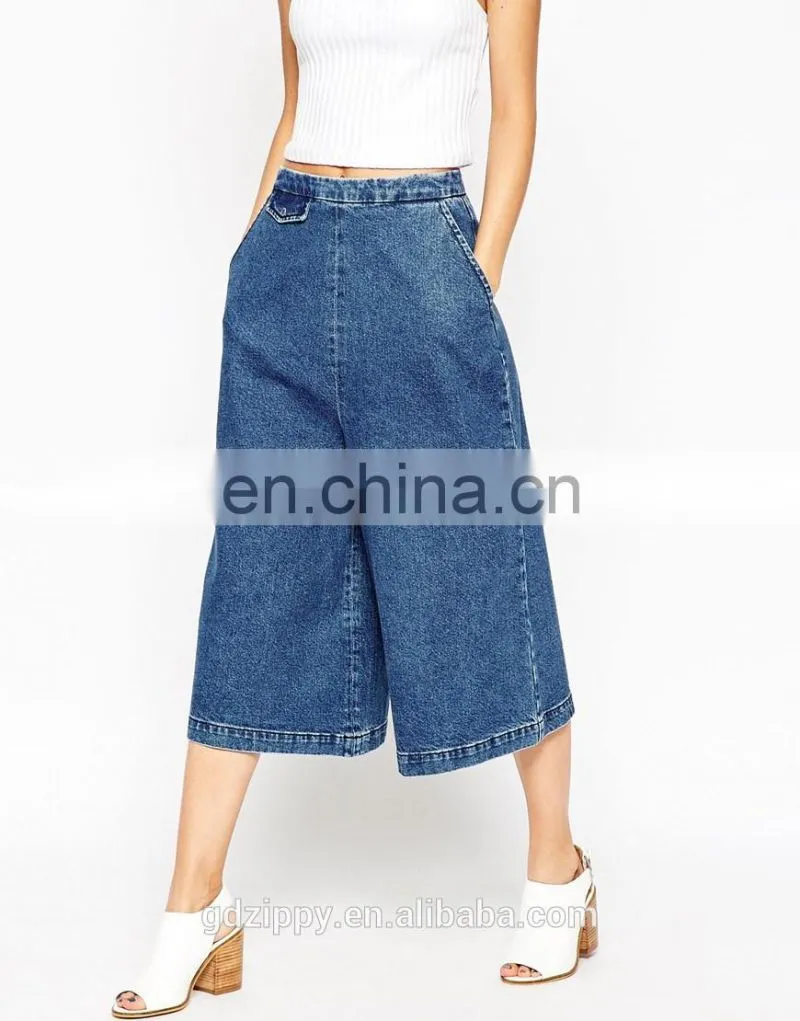 2015 New Fashion Denim Culottes Pants in Mid Blue Wash for Women