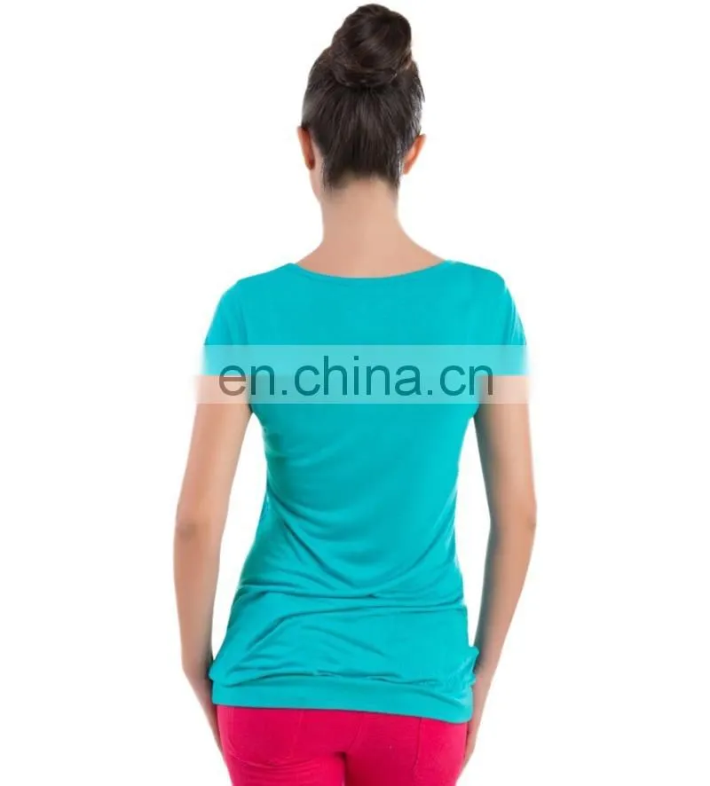 OEM Service Solid Peacock Blue Color India Manufacturer Design Short Sleeve Top Tees Women T-Shirt