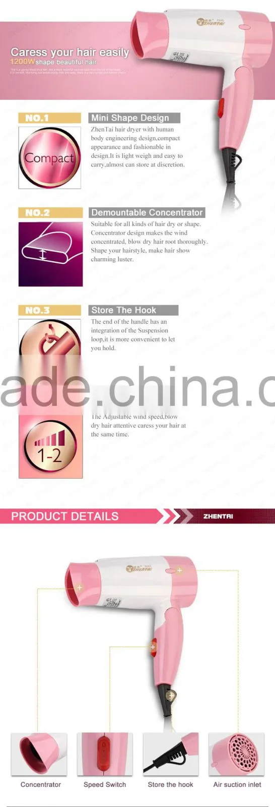 Customized Pink Hair Dryer Foldable Hair Dryer for Travel