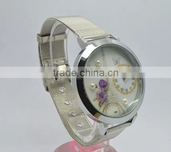 metal netting strap wristwatch covered with violet , betterfly ,pearls and Effiel Tower