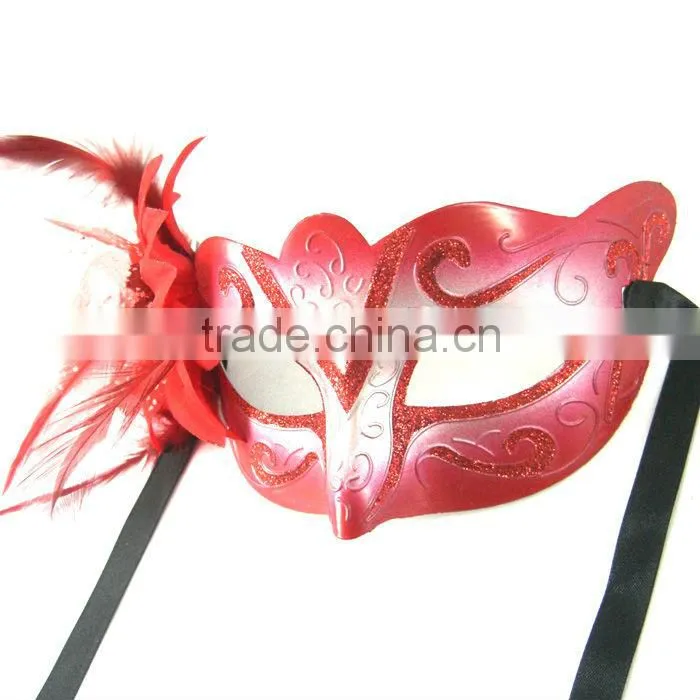 Red Plastic Masquerade Mask With FLower
