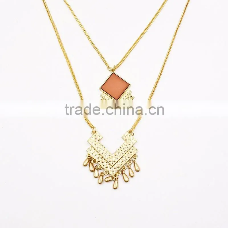 Elegant Women's 18k Gold Plated Double Layered Geo Pendant Necklace Jewelry