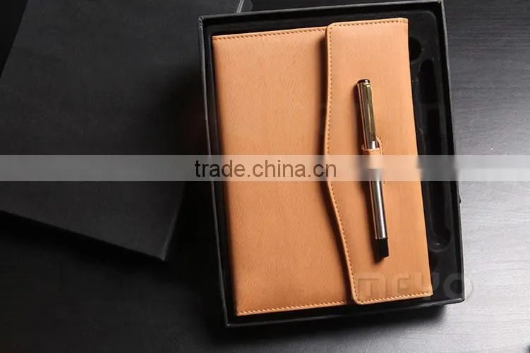 Offical brown leather notebook with locker with silver ballpoint pen gift set