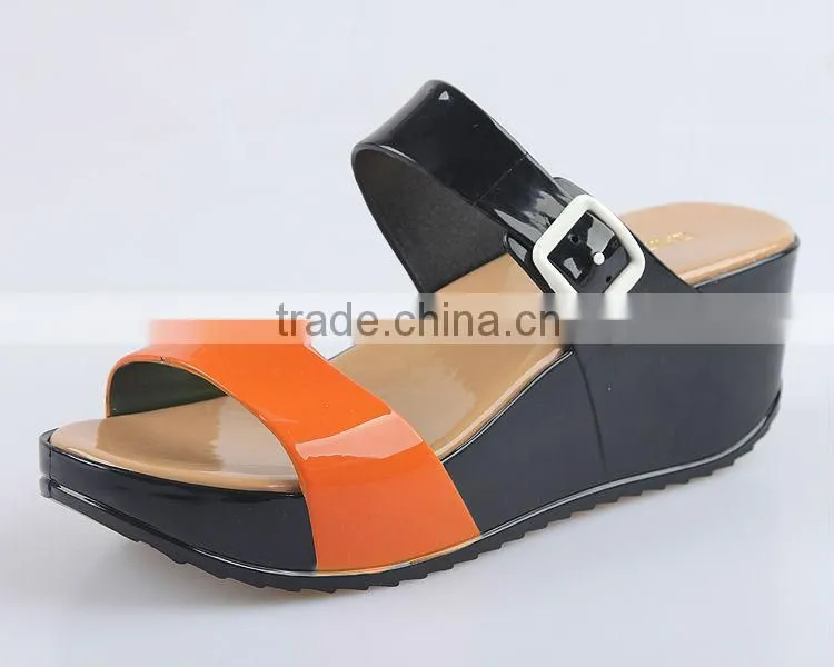 2015 Color Blocking Jelly Slippers Ladies Fashion Wedges Jelly Shoes