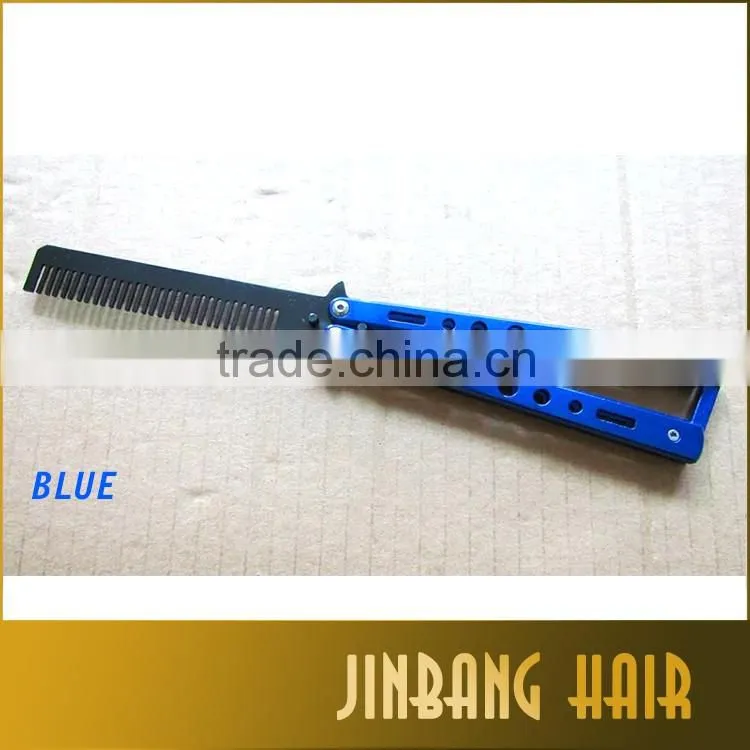 new design wholesales blue stainless steel knife comb mental practice training butterfly balisong style comb