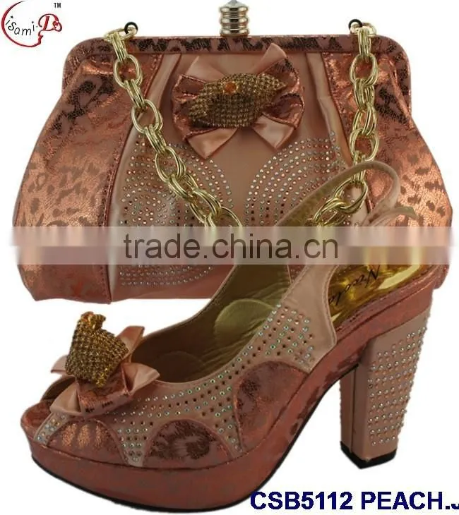 CSB5112 peach wholesaler latest style fashion african design high heel lady shoes matching bag with stone for party