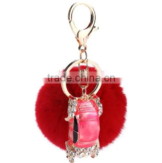 Fashion rhinestone car accessory keychain with Rabbit Fur ball