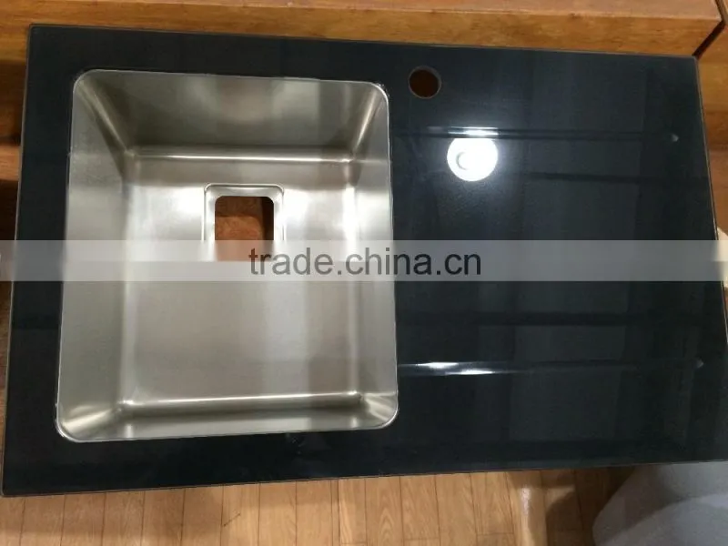 Durable Stainless Steel bowl tempered glass top basin sink for kitchen with glass drainboard