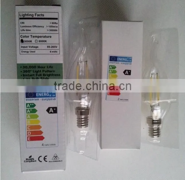 candle led bulb 360 degree 2w filament lamp ce rohs e14